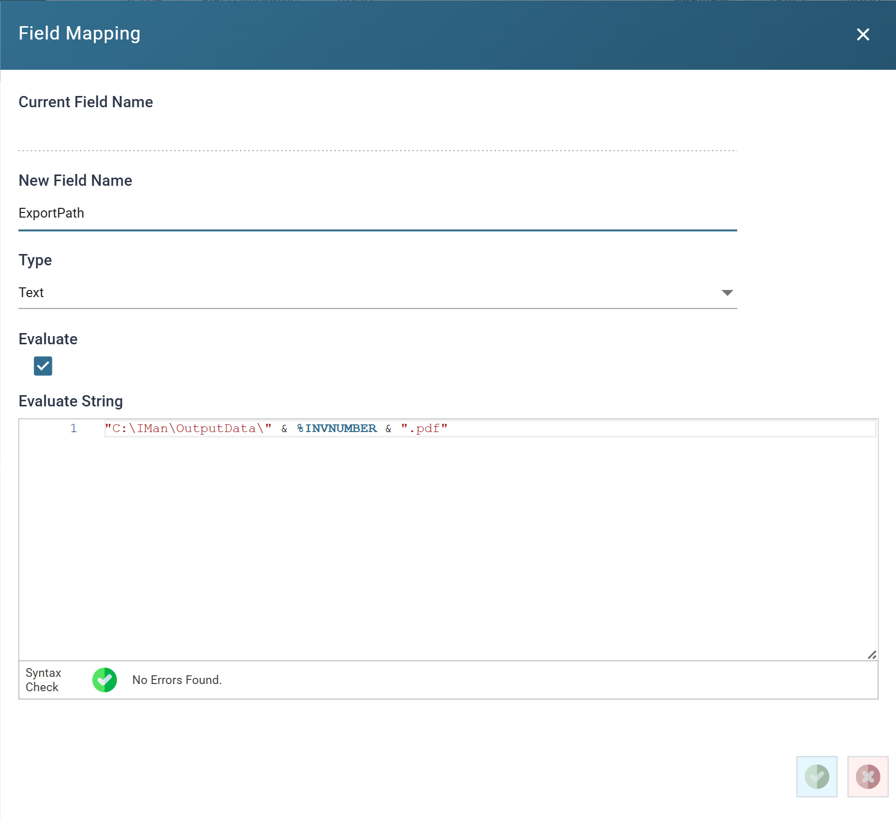 The Field Mapping dialog creating ExportPath, a Text field with Evaluate ticked and a formula joining the output folder, the invoice number and a pdf extension