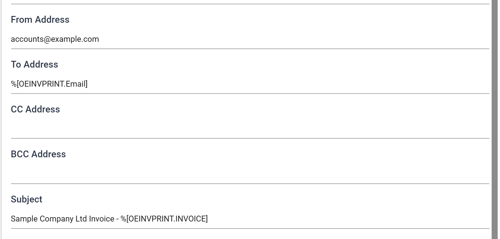 The From, To, CC, BCC and Subject boxes, with To holding the OEINVPRINT Email merge field and the subject combining fixed text with the invoice number