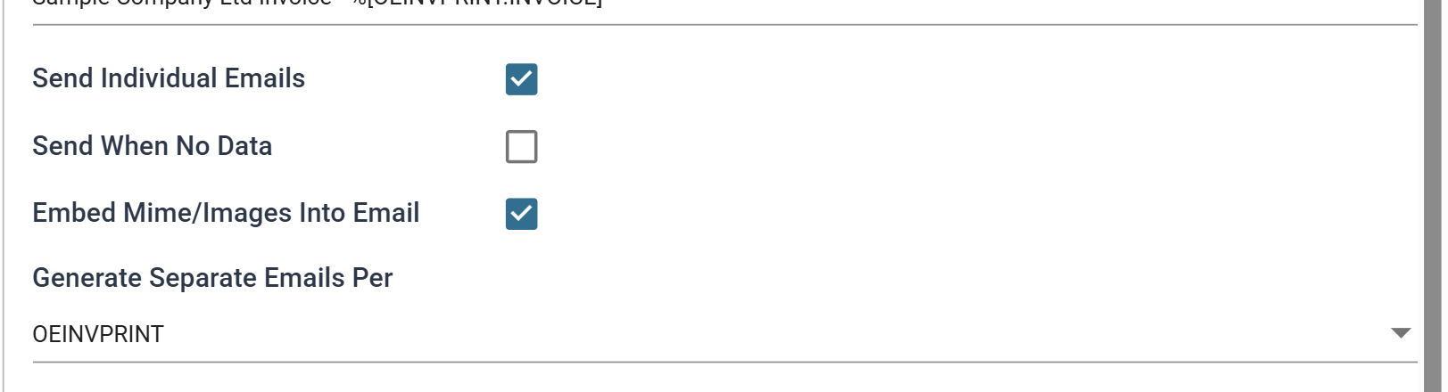The three check boxes and the Generate Separate Emails Per drop-down set to OEINVPRINT