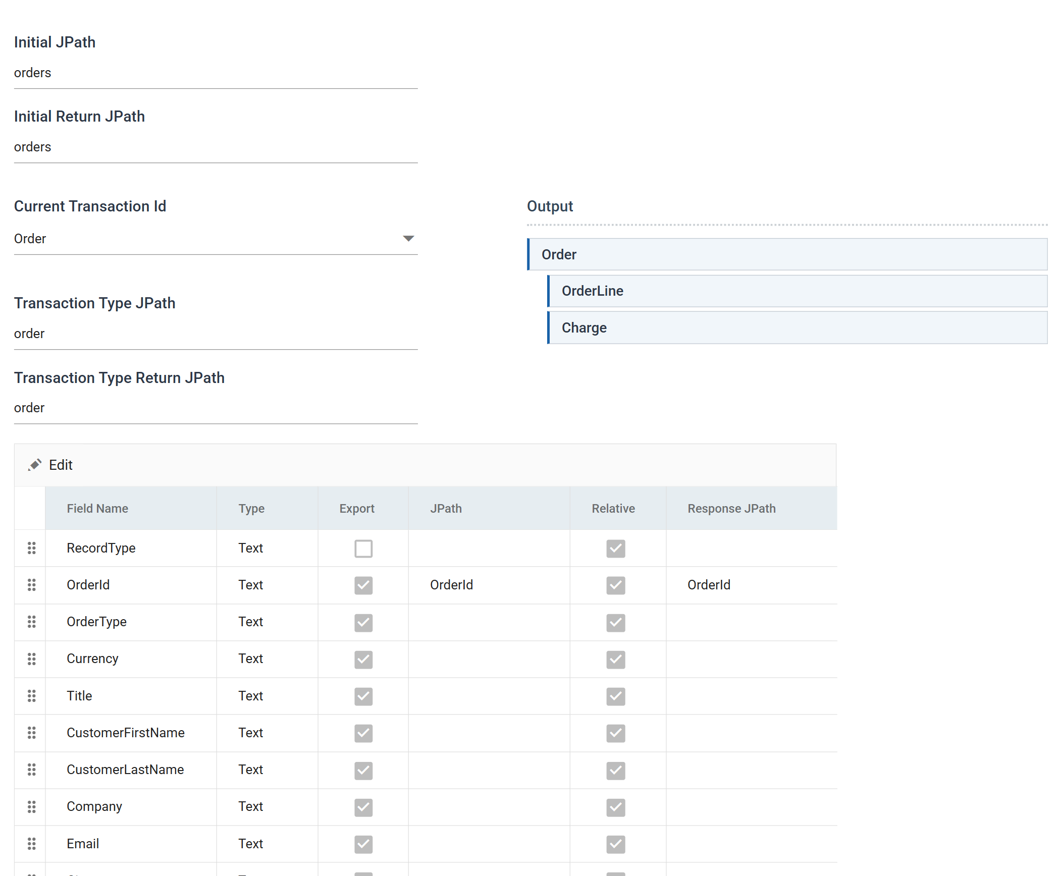 The JSON Writer Field Mapping tab under a Sequential rewrite, showing Initial JPath and Initial Return JPath, the Order transaction with its Transaction Type JPath and Transaction Type Return JPath, the Output tree, and the field grid with its Response JPath column