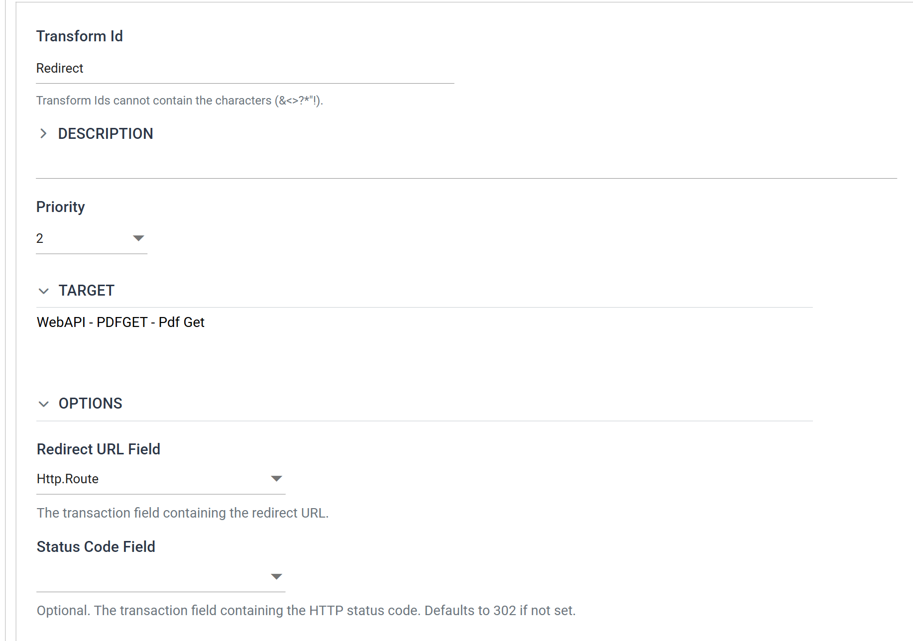 The Setup tab of an Http Redirect writer beneath a WebAPI reader: Transform Id, a collapsed Description, Priority, a Target section reading WebAPI - PDFGET - Pdf Get, and an Options section with Redirect URL Field set to Http.Route and Status Code Field left blank
