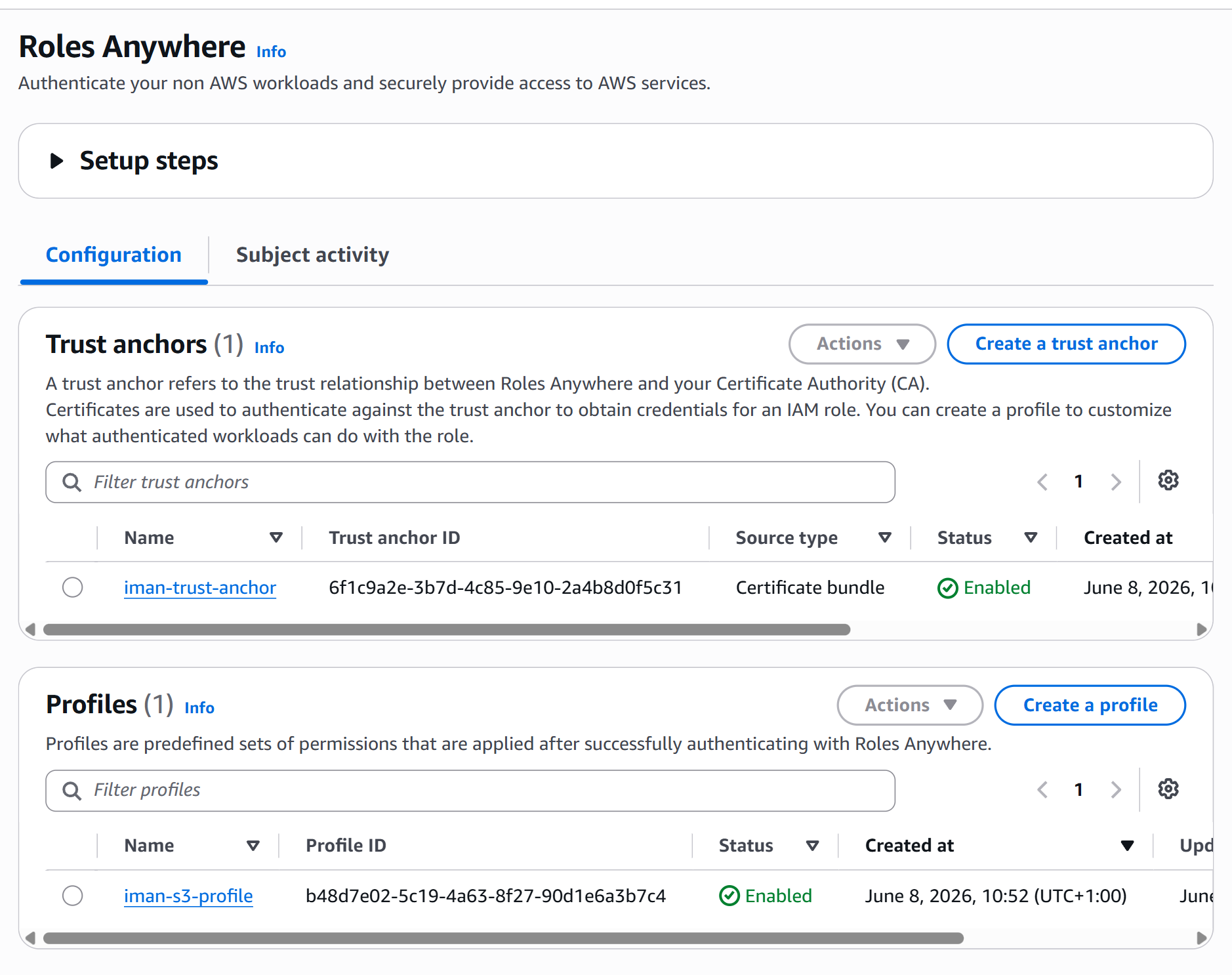The Roles Anywhere page of the IAM console, showing the Trust anchors and Profiles sections