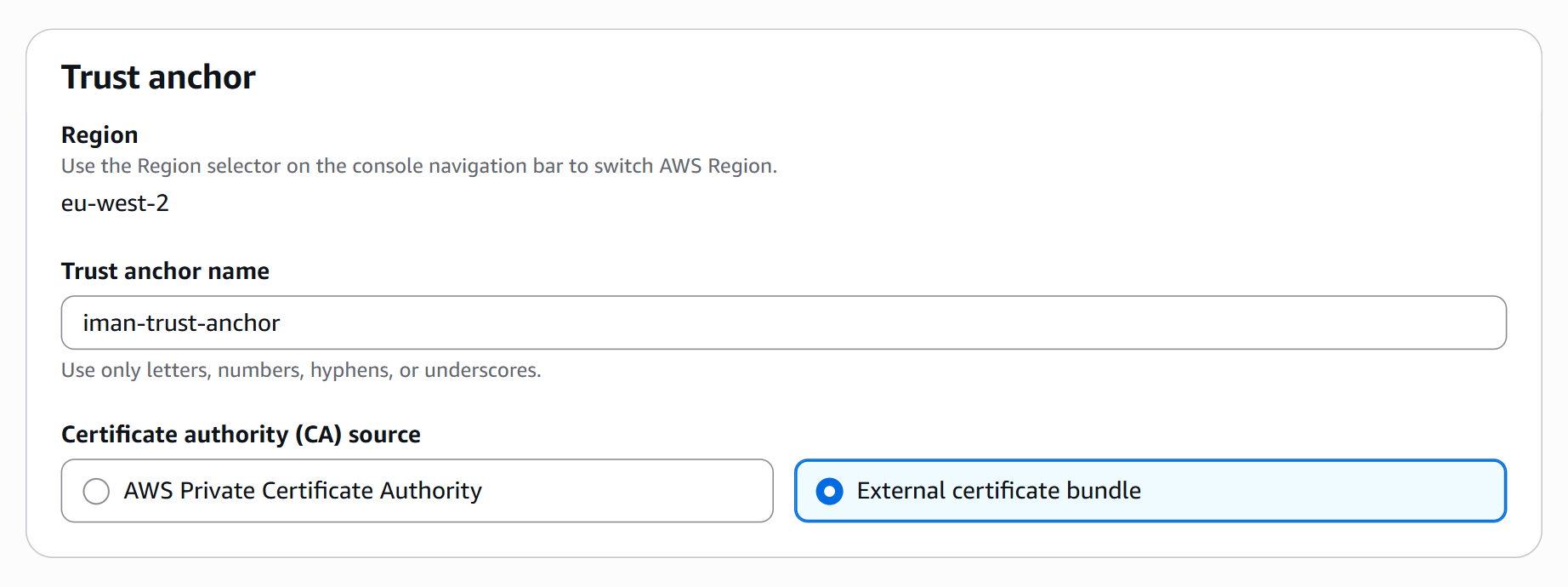 The Create a trust anchor form, with the trust anchor name filled in and External certificate bundle selected as the certificate authority source