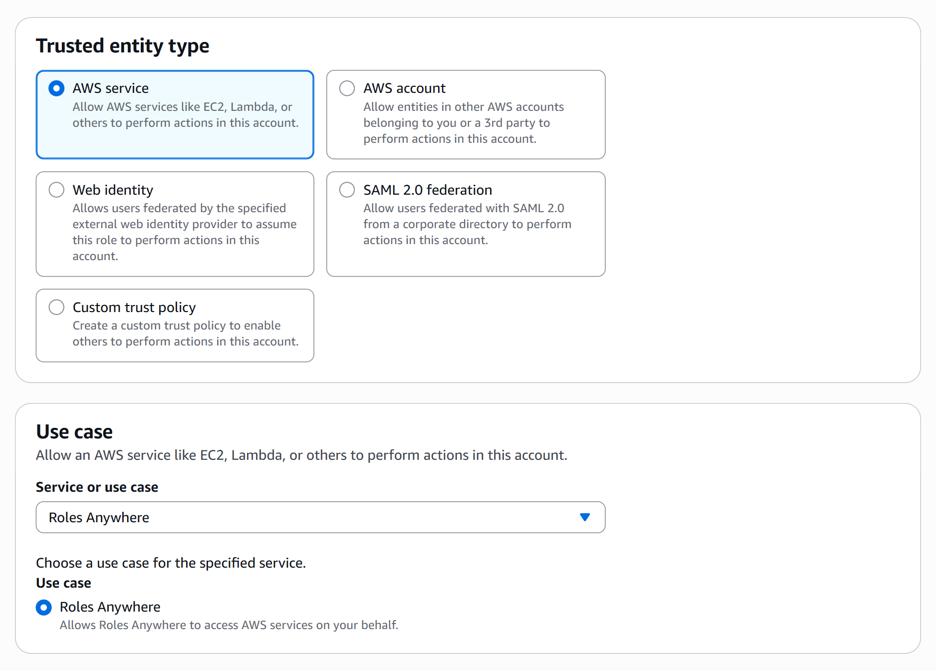 Step 1 of the IAM create role wizard, with AWS service selected as the trusted entity type and Roles Anywhere chosen as the service and use case