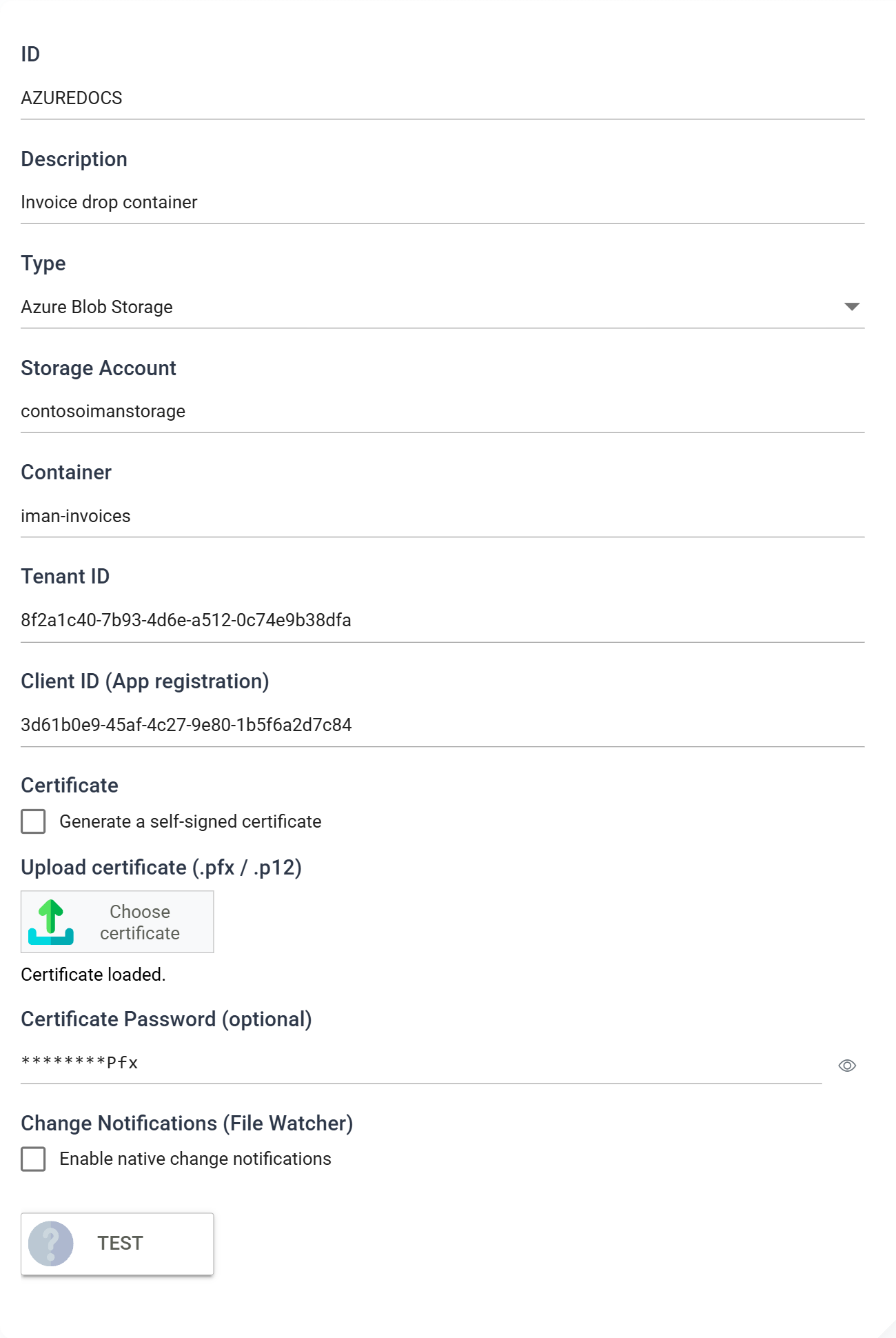 The saved AZUREDOCS file system with Type set to Azure Blob Storage, showing the Storage Account, Container, Tenant ID and Client ID fields. Below them, Upload certificate reads Certificate loaded, and the Certificate Password box holds eight asterisks and the letters Pfx, with an eye button beside it