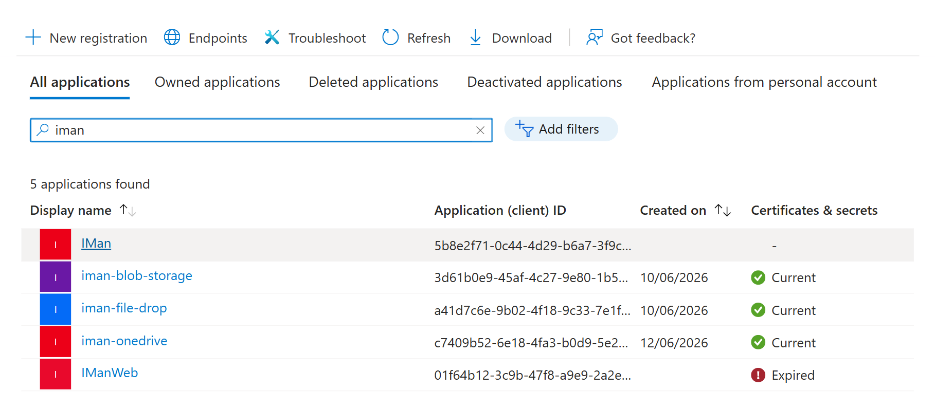 The App registrations list in Microsoft Entra ID, filtered to the IMan registrations, with the New registration button above it