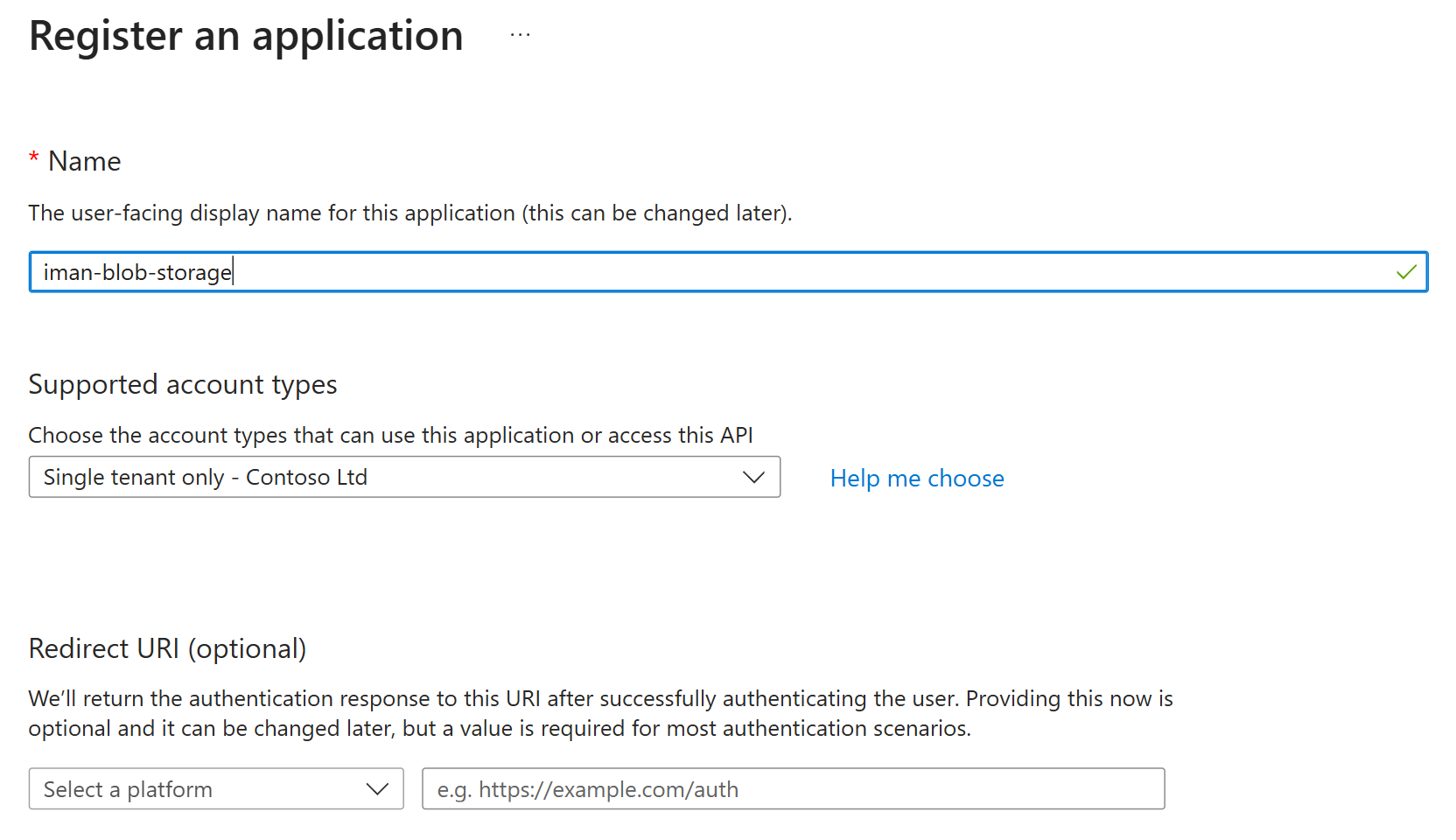 The Register an application form with the application named and Single tenant only selected as the supported account type