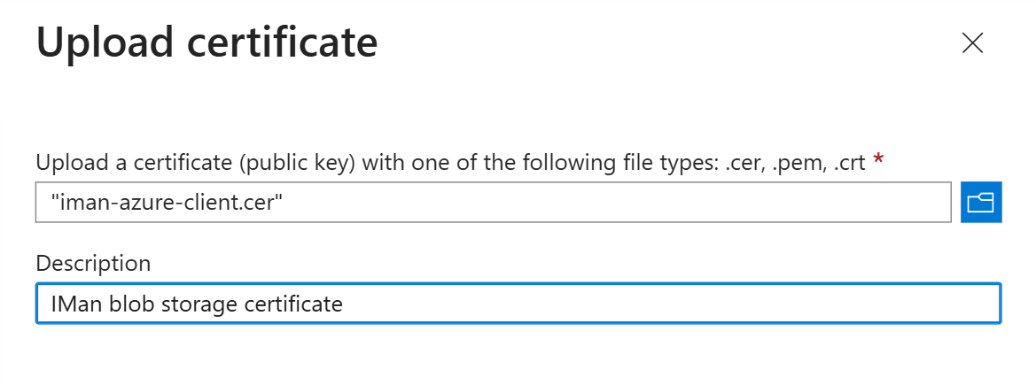 The Upload certificate pane with the public certificate file selected and a description entered