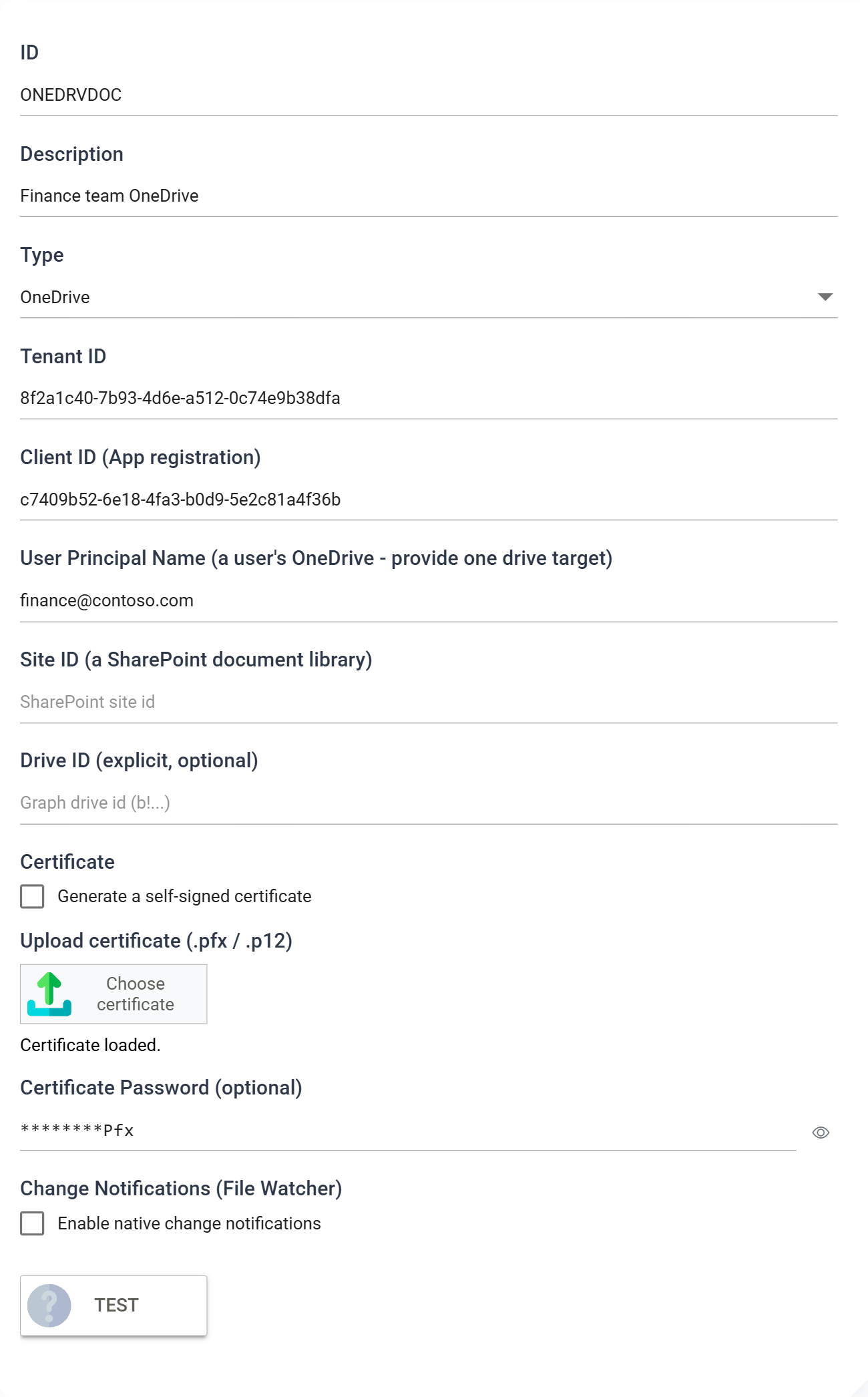 The saved ONEDRVDOC file system with Type set to OneDrive, showing the Tenant ID and Client ID fields above the three drive targets, with only User Principal Name completed. Below them, Upload certificate reads Certificate loaded, and the Certificate Password box holds eight asterisks and the letters Pfx, with an eye button beside it
