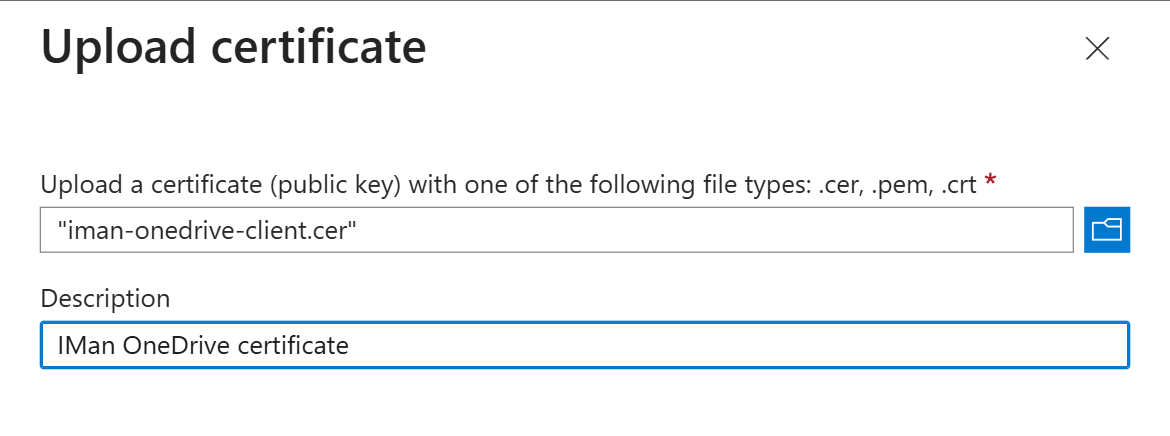 The Upload certificate pane with the public certificate file selected and a description entered