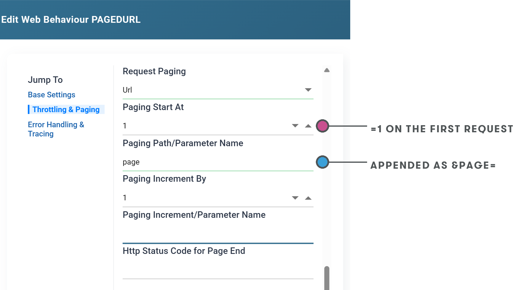 The same section with Request Paging set to Url and Paging Path/Parameter Name page, the page size carried by the Base Url rather than by a paging field