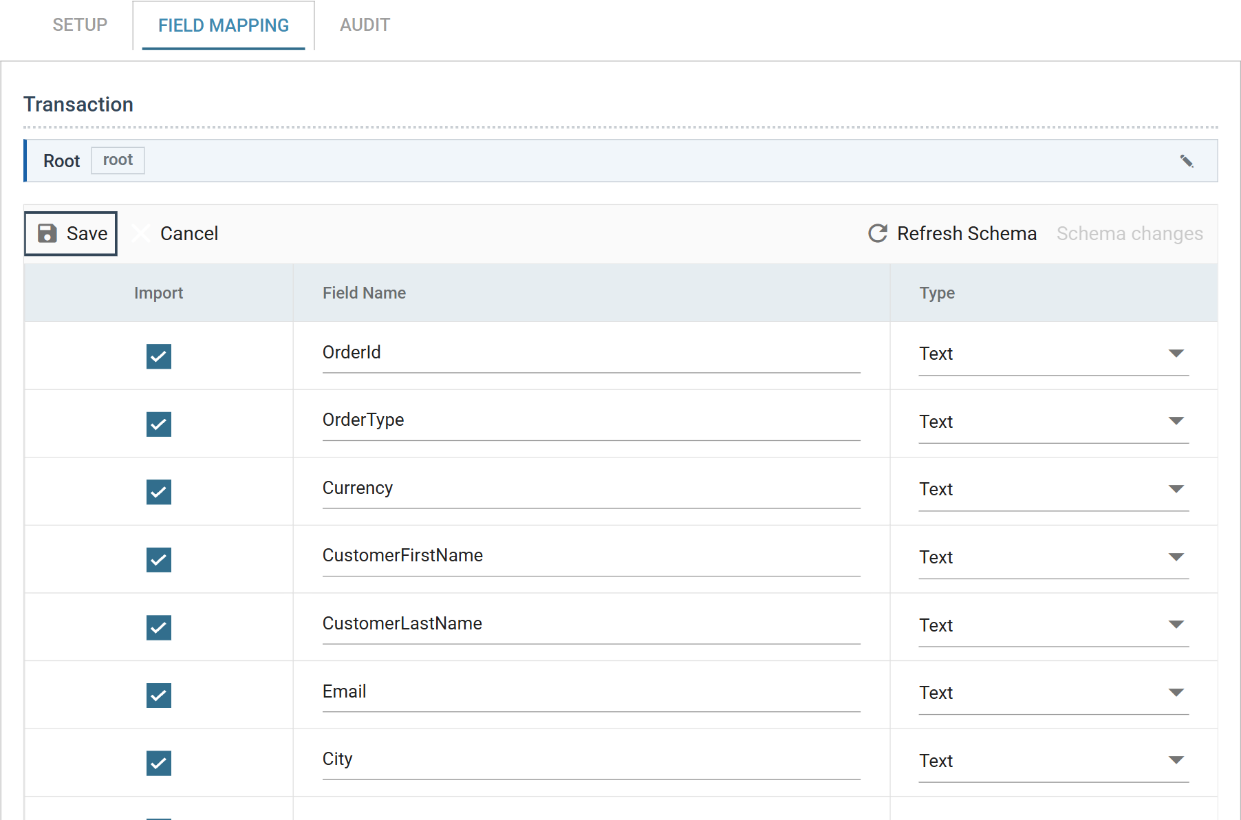 A reader's Field Mapping tab in batch edit mode: the Setup and Audit tabs greyed out, a Save and Cancel toolbar with Refresh Schema still enabled beside a greyed Schema changes, and every Import, Field Name and Type cell editable