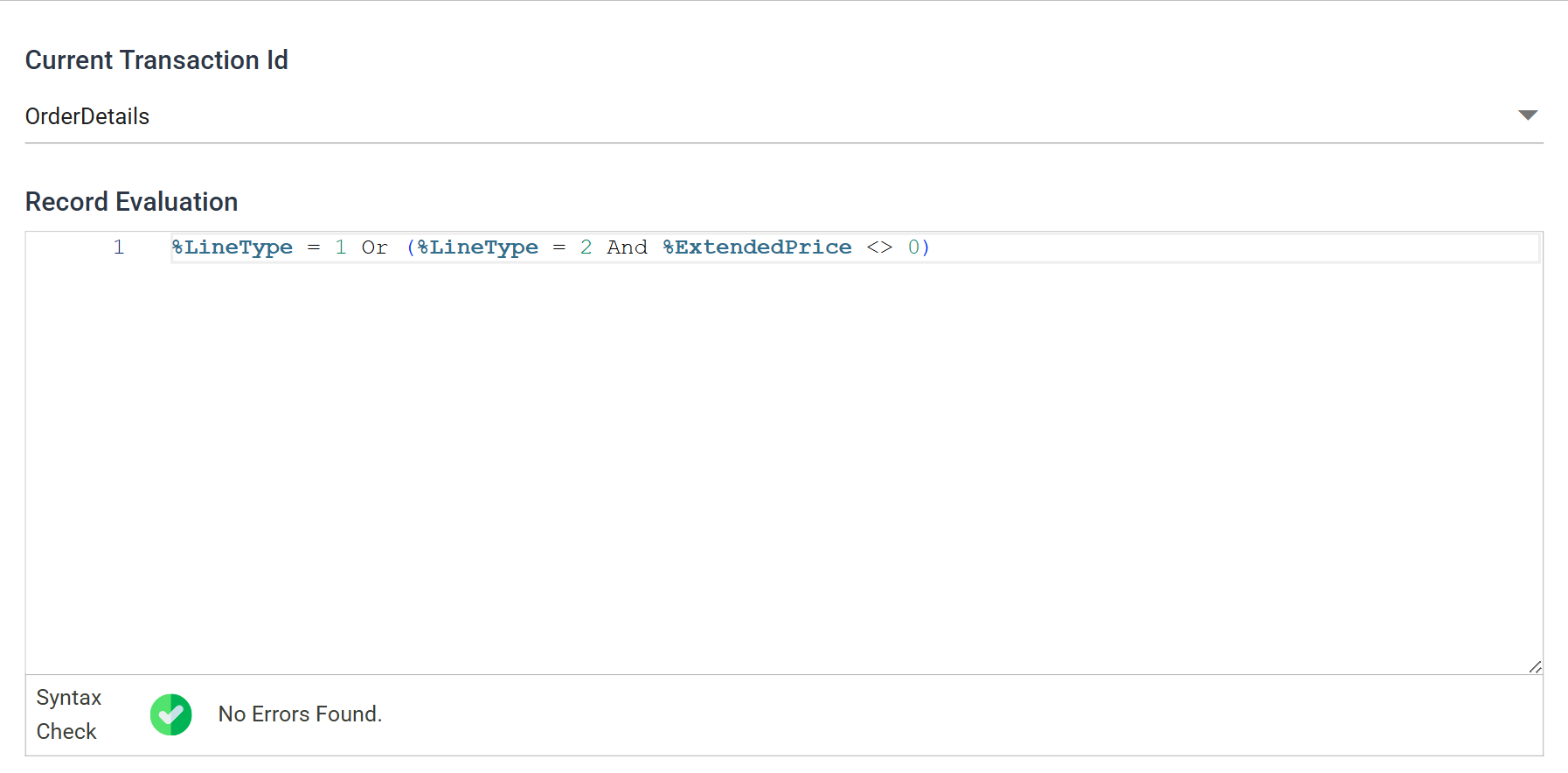The Filter transform's Field Mapping tab, showing the Current Transaction Id drop-down above the Record Evaluation script editor and its syntax check result