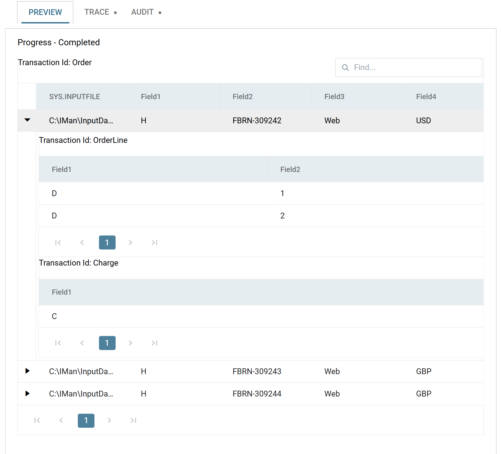 The preview pane showing three order records, the first expanded to reveal its OrderLine child grid with two rows and its Charge child grid with one row
