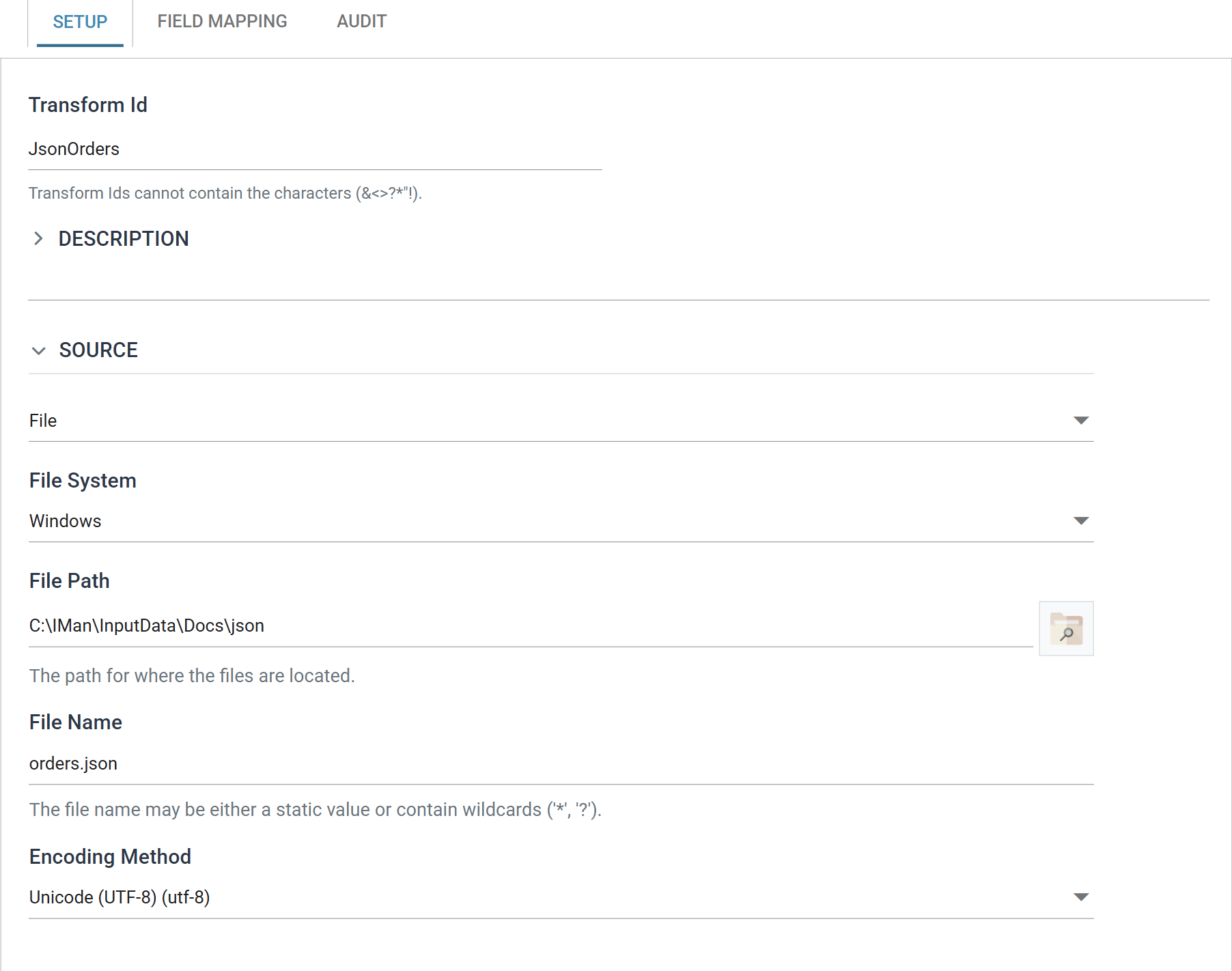 The JSON Reader Setup tab, showing Transform Id, Description and the Source section with the File controller's fields — and no Options section