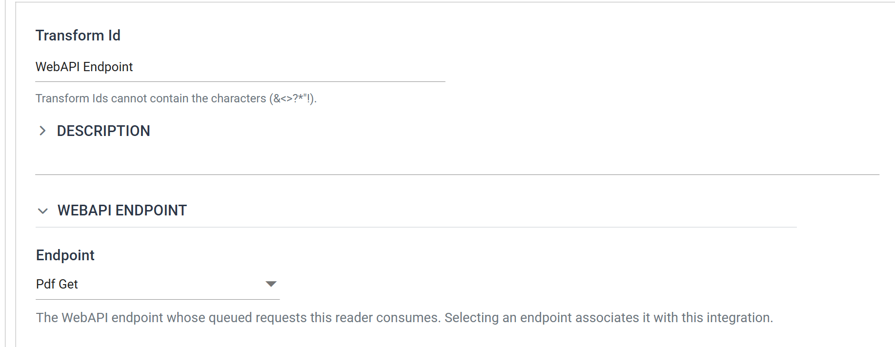 The Setup tab of a WebAPI reader, with Transform Id and a collapsed Description above a WebAPI Endpoint section whose Endpoint drop-down reads Pdf Get, and the help text that selecting an endpoint associates it with the integration
