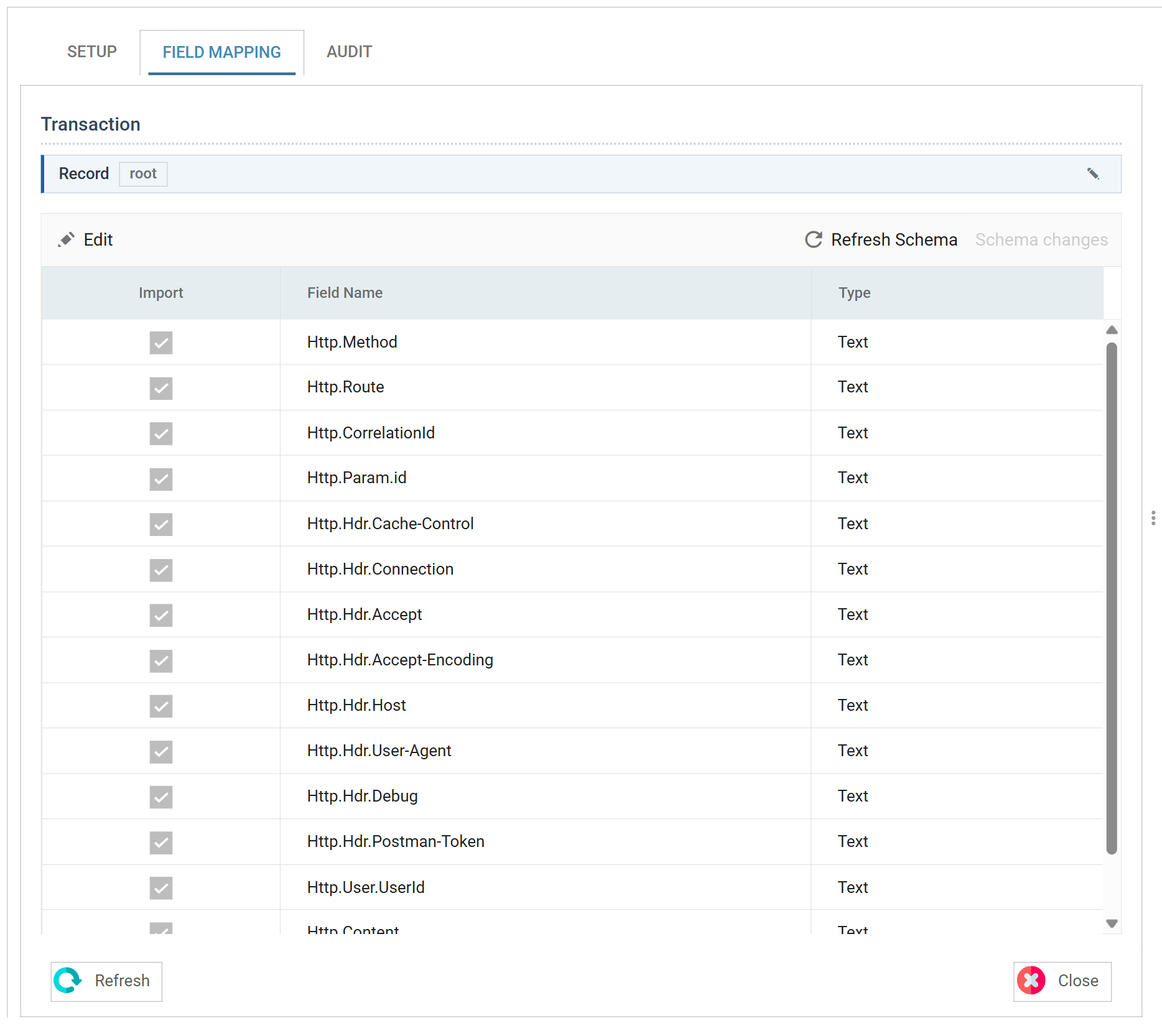 The Field Mapping tab of a WebAPI reader: the Refresh Schema and Schema changes items on the field grid's toolbar, the Transaction strip holding one record named Record, and the field grid listing fifteen Http fields, from Http.Method to Http.User.James