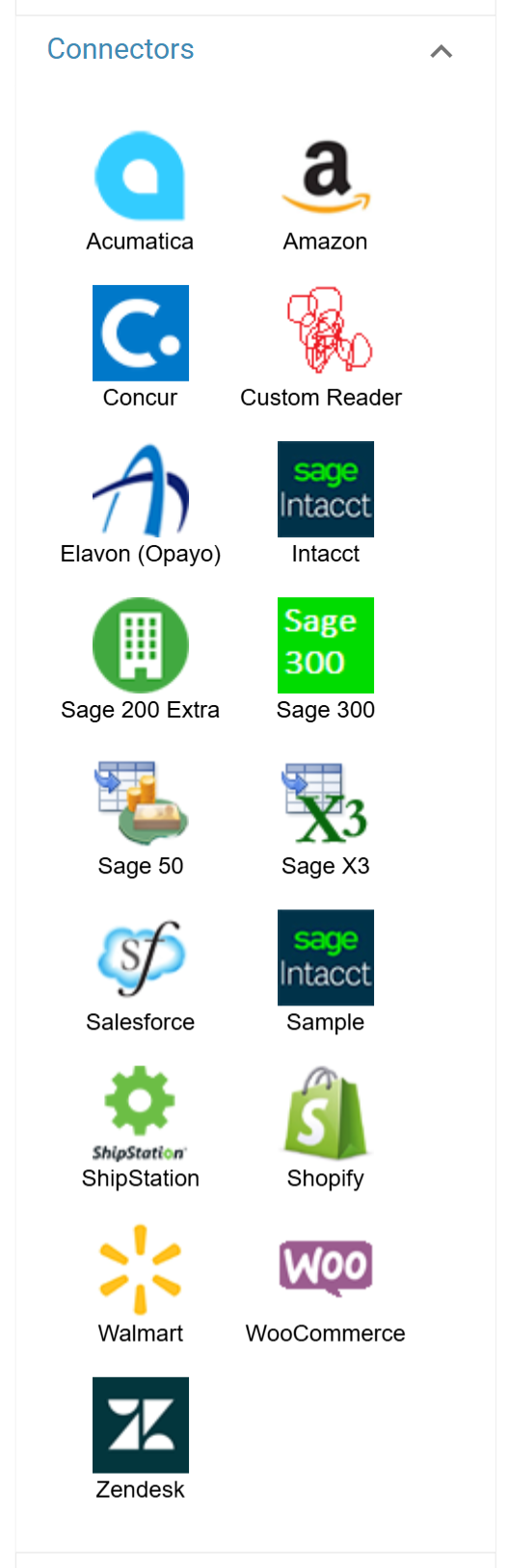 The Connectors group of the design palette, showing a symbol per application: Acumatica, Amazon, Concur, Custom Reader, Elavon (Opayo), Intacct, Sage 200 Extra, Sage 300, Sage 50, Sage X3, Salesforce, Sample, ShipStation, Shopify, Walmart, WooCommerce and Zendesk