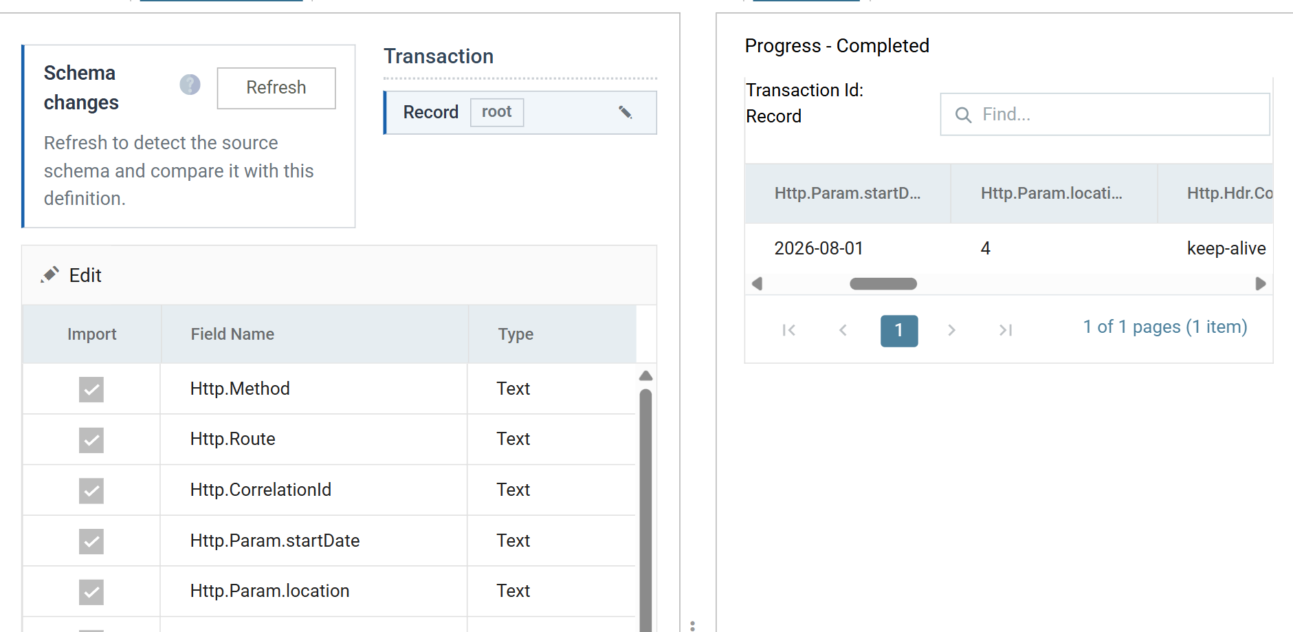The WebAPI reader's Field Mapping tab listing the Http fields of the request, with Http.Param.startDate and Http.Param.location among them, beside the preview record holding their values
