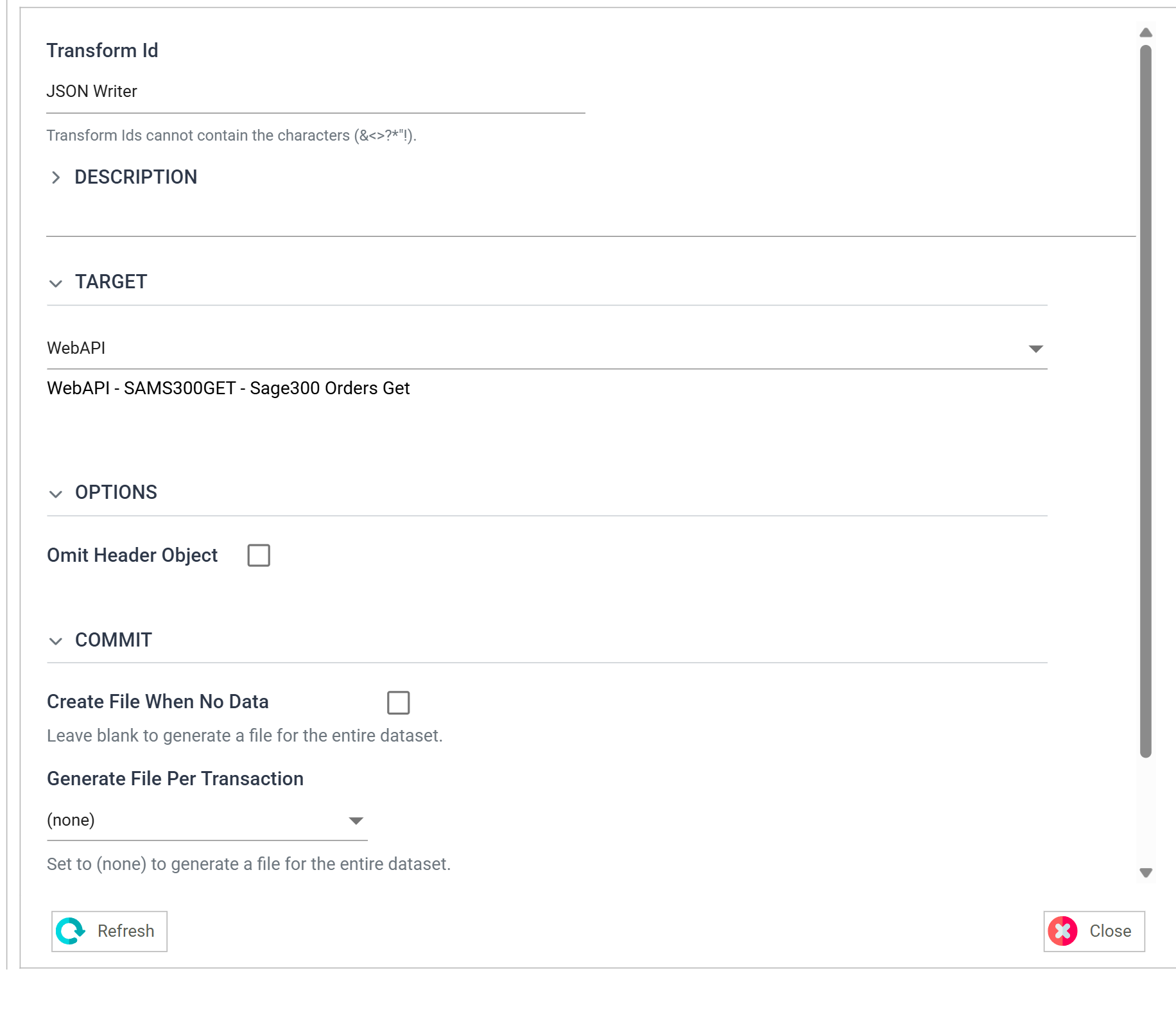 The JSON Writer's Setup tab with Target set to WebAPI and, beneath it, the line naming the endpoint