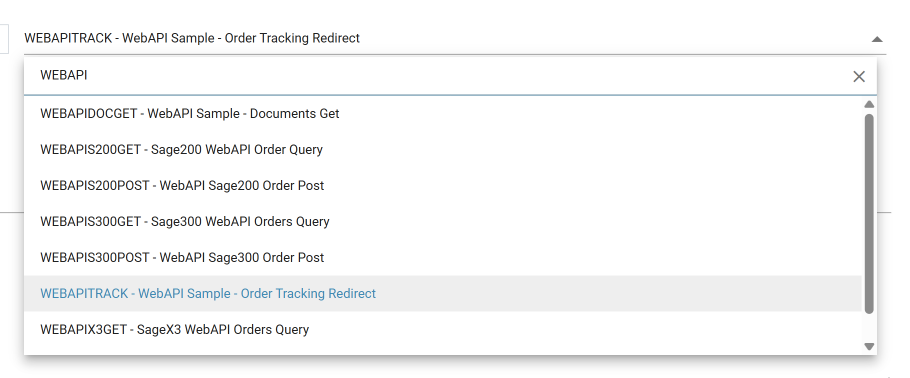 The Designer's integration drop-down with WEBAPI typed in its filter box, listing WEBAPIDOCGET, WEBAPIS200GET, WEBAPIS200POST, WEBAPIS300GET, WEBAPIS300POST, WEBAPITRACK and WEBAPIX3GET with their descriptions, WEBAPIX3POST below the fold