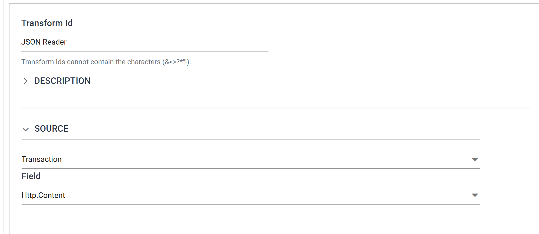 The JSON Reader's Setup tab with Source set to Transaction and Field set to Http.Content