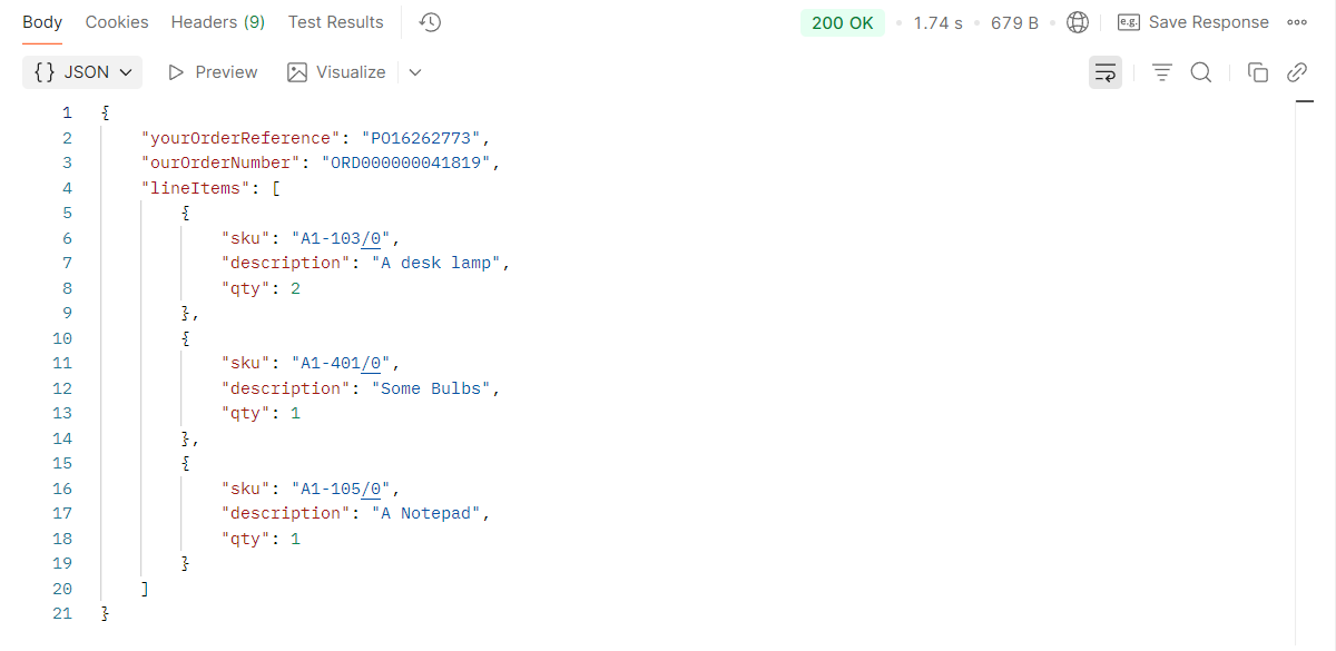 Postman's response pane showing 200 OK and a JSON body with yourOrderReference PO16262773, ourOrderNumber ORD000000041819 and the three line items