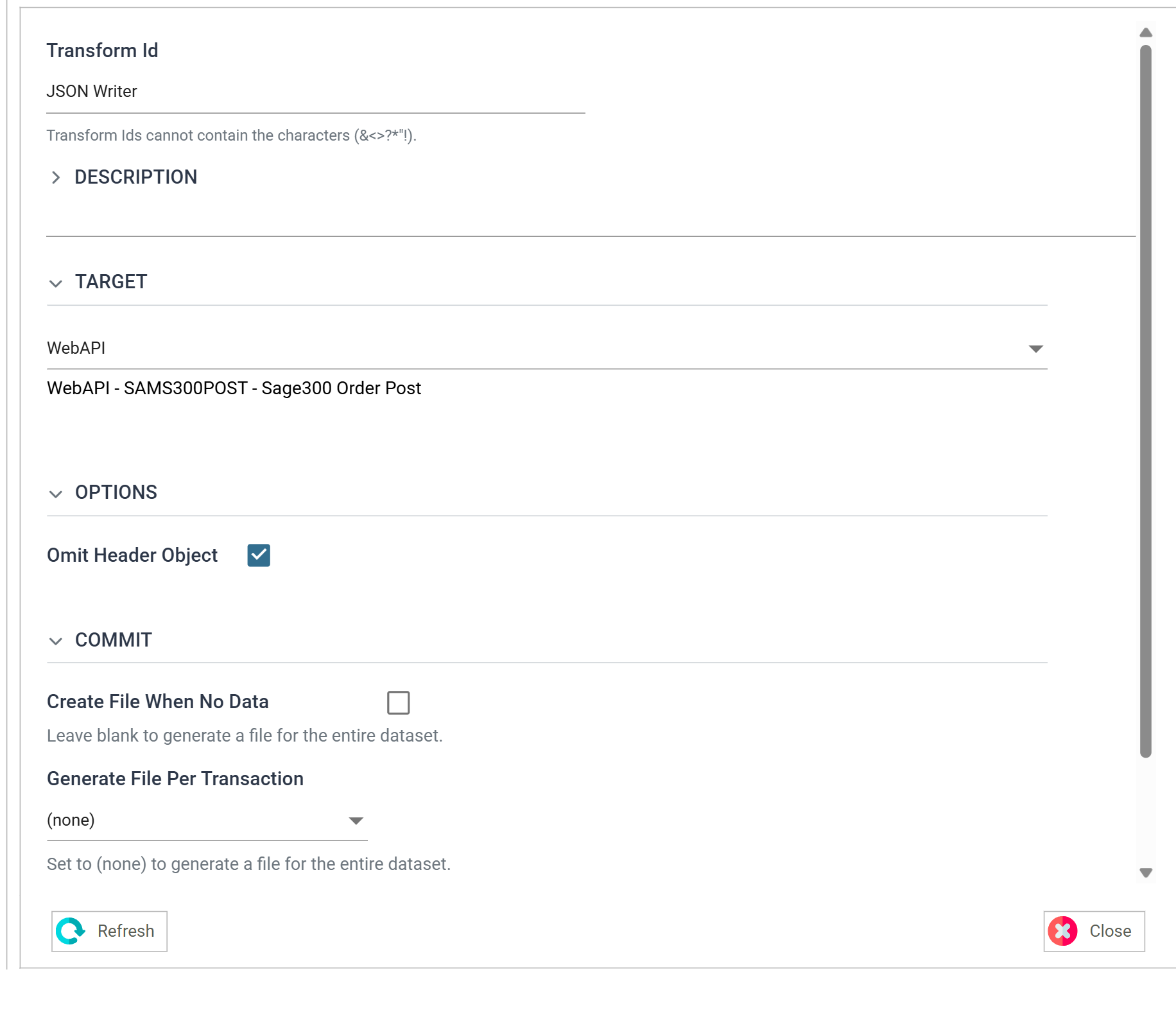 The JSON Writer's Setup tab with Target set to WebAPI and, beneath it, the line naming the endpoint
