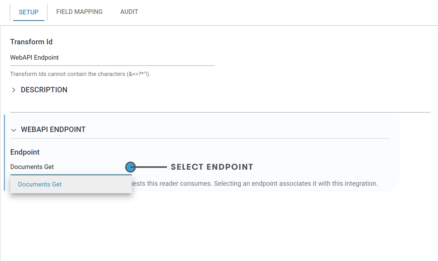 The Setup tab of the WebAPI reader with the Endpoint drop-down open and an endpoint highlighted. A callout says Select endpoint