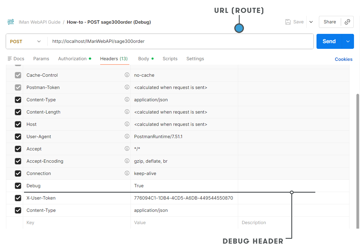 Postman with a POST request to http://localhost/IManWebAPI/sage300order and, on its Headers tab, a header Debug with the value True. Callouts mark the URL (route) and the Debug header