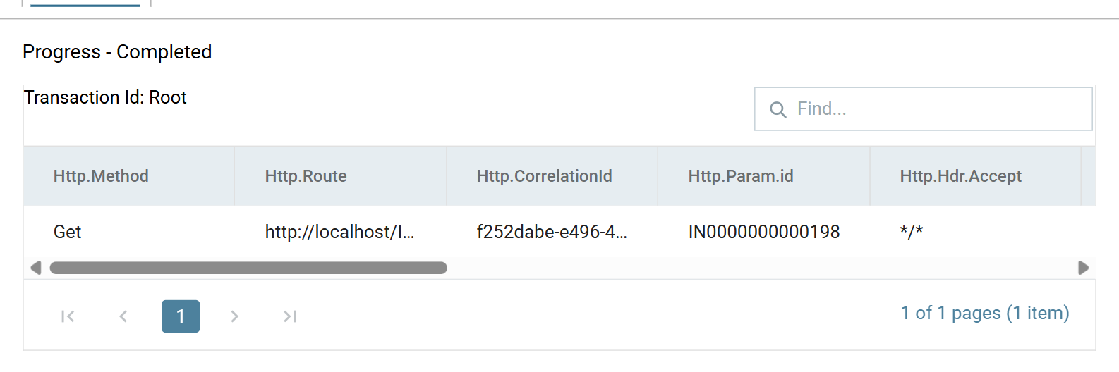 The preview pane after Refresh: Progress - Completed, and one record with the columns Http.Method, Http.Route, Http.CorrelationId and the first header