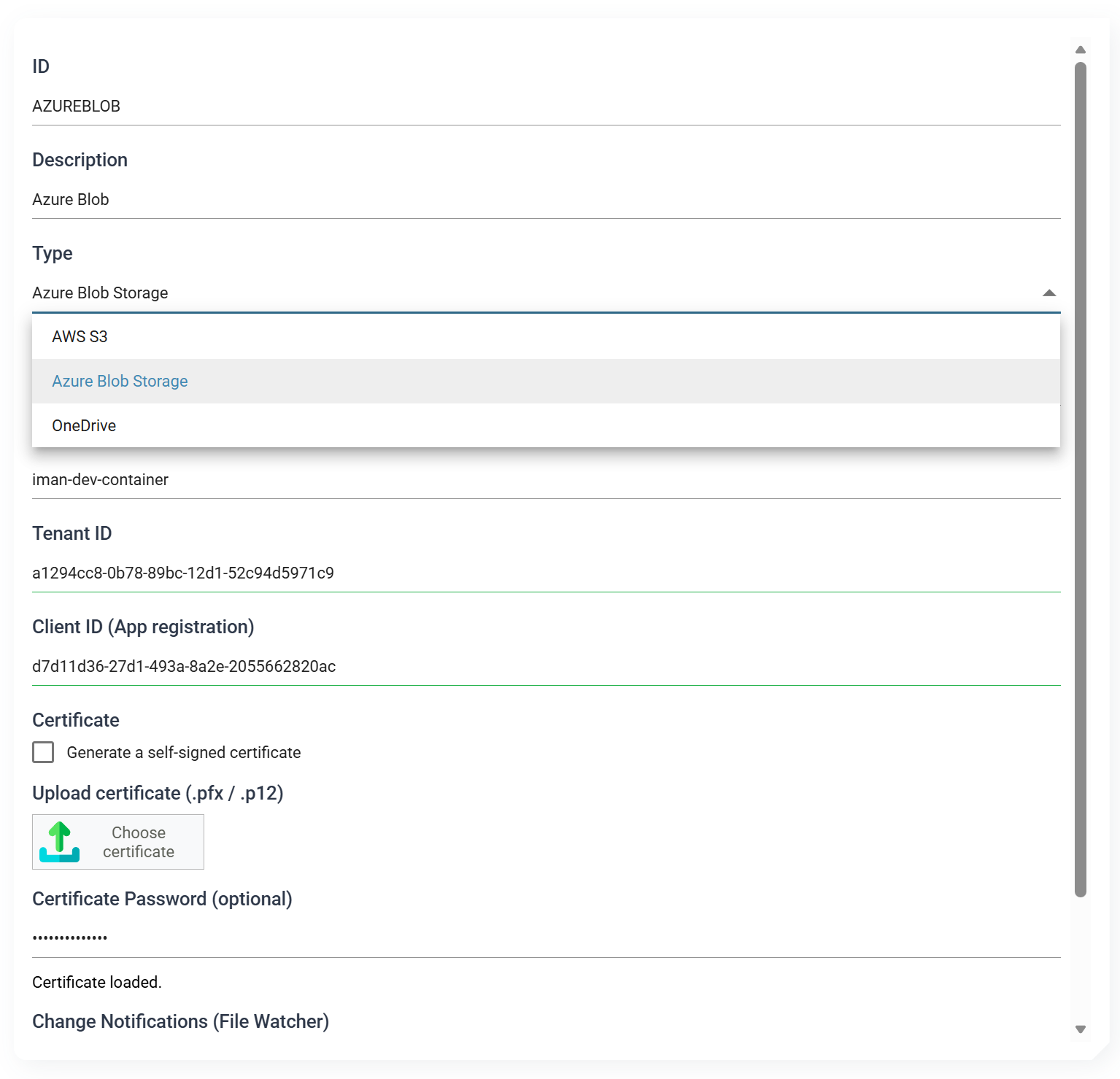The AZUREBLOB file system record with its Type drop-down open on AWS S3, Azure Blob Storage and OneDrive, above the container, Tenant ID, Client ID, certificate and Change Notifications settings