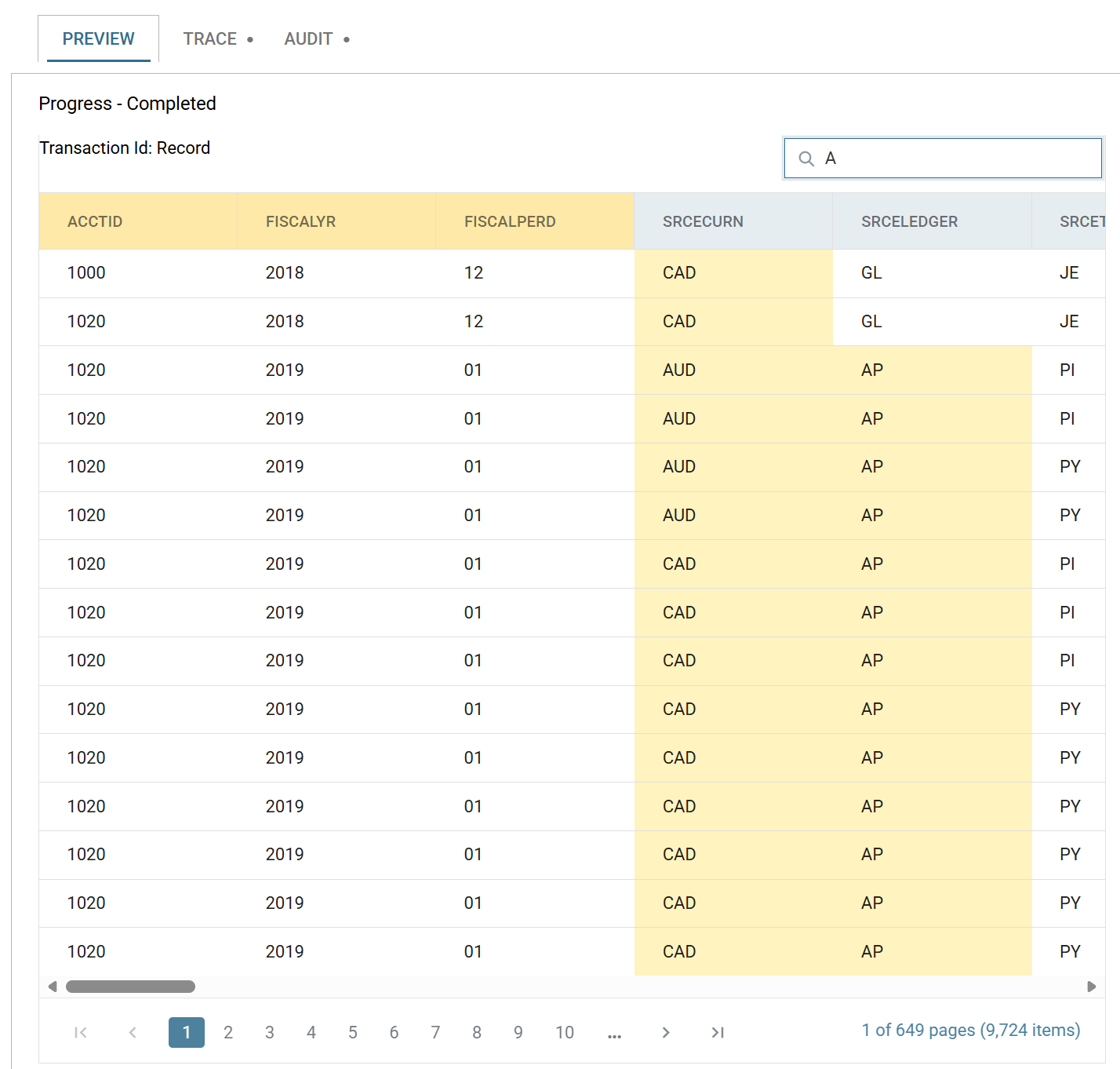 The Preview tab with "A" typed in its Find box, highlighting the matching column headings and cells in a grid of 9,724 rows