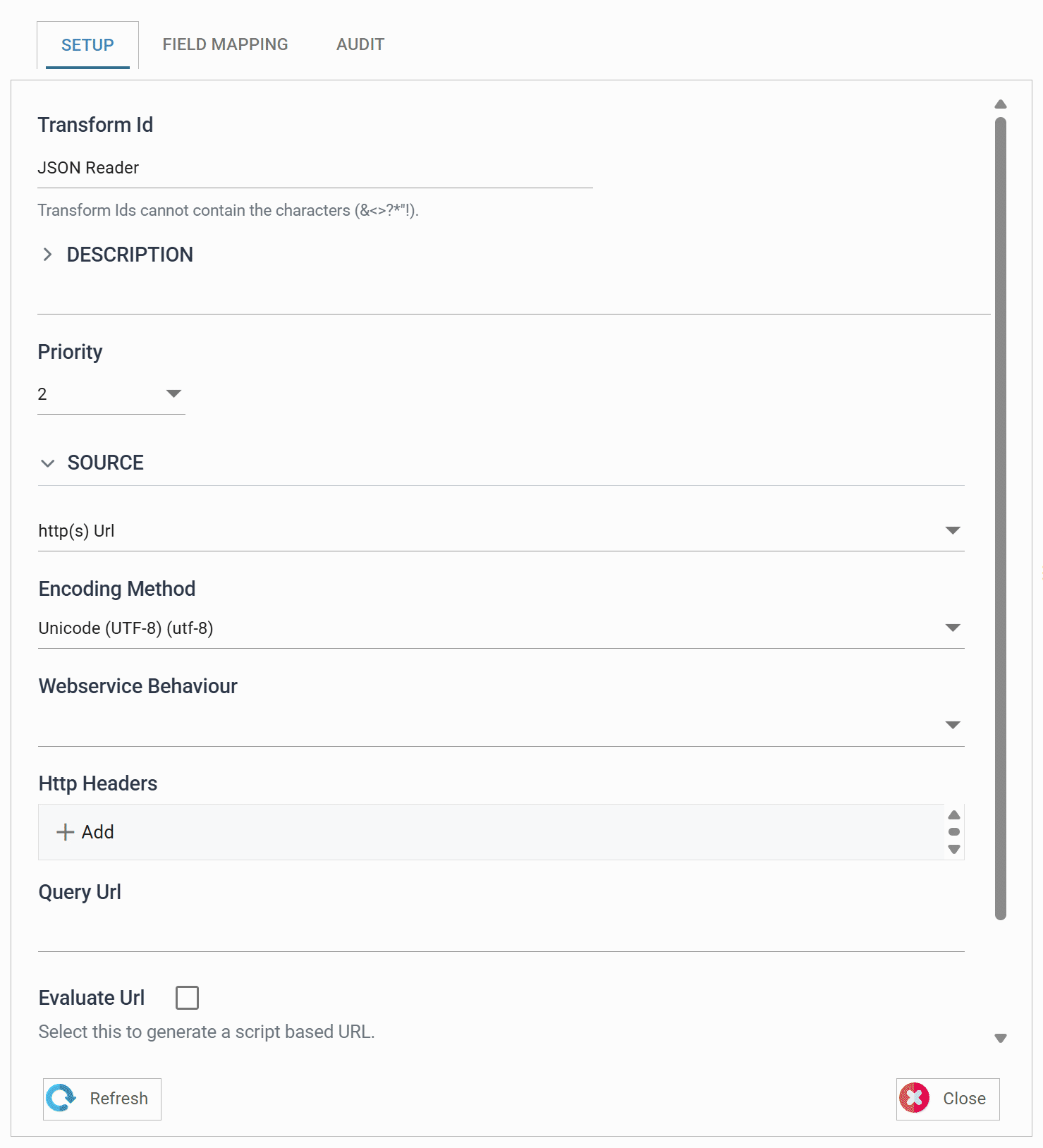 An animation of a JSON reader: the source moves from an http(s) Url to a file, the preview fills with orders, and the Field Mapping tab detects the schema, lists the new payment fields and flattens the nested payments into the order record