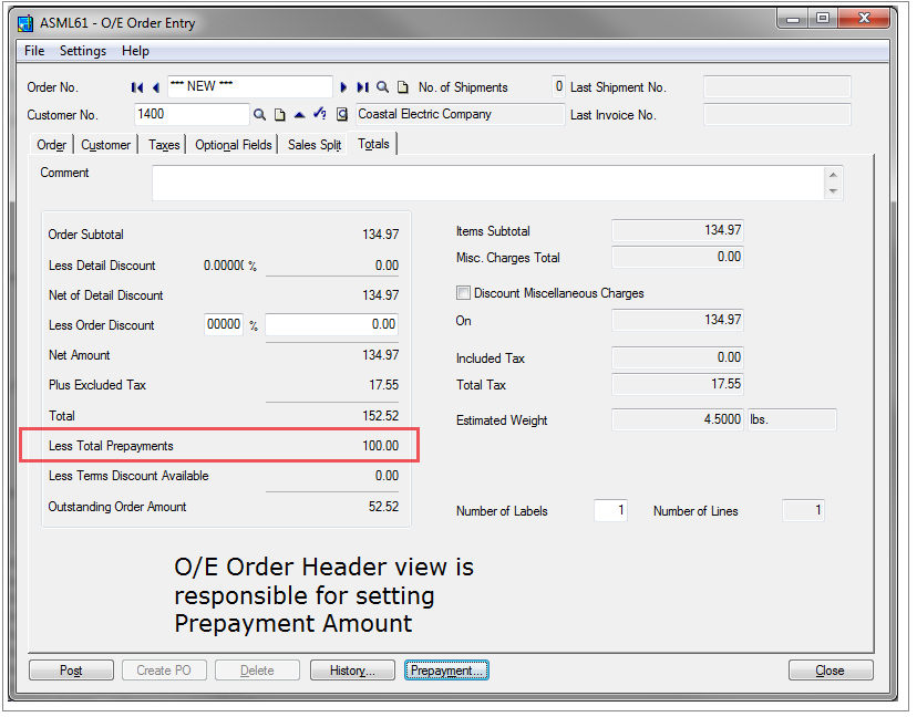 OE Order Header Prepayment